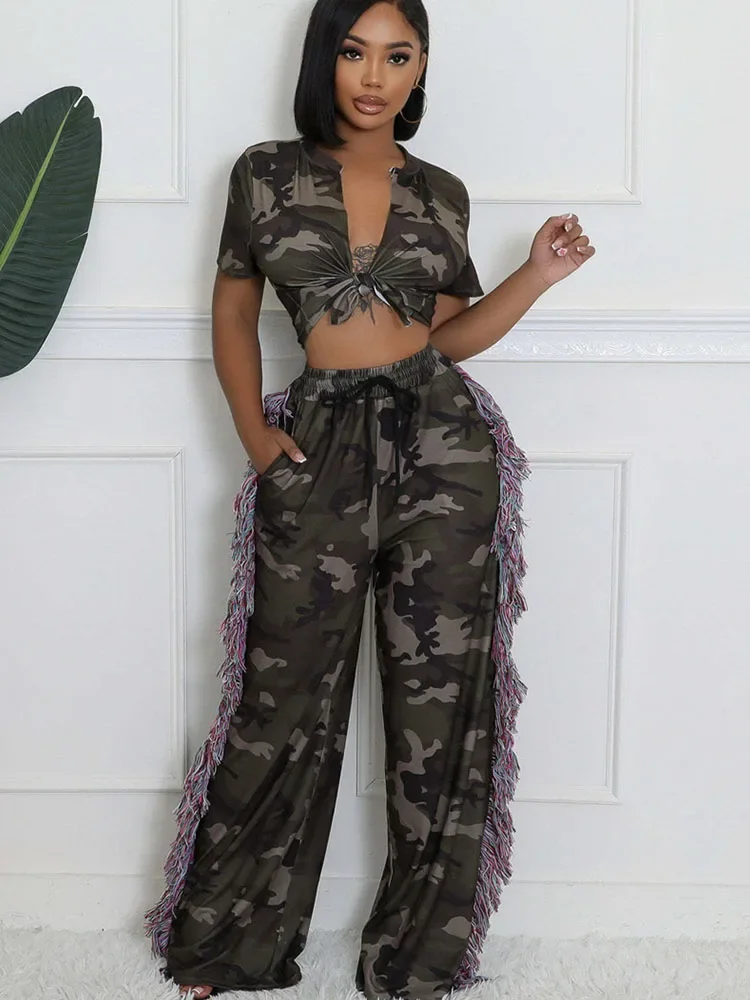 Camouflage Printed Two Piece S - Tassel Fringe Trim avis et prix