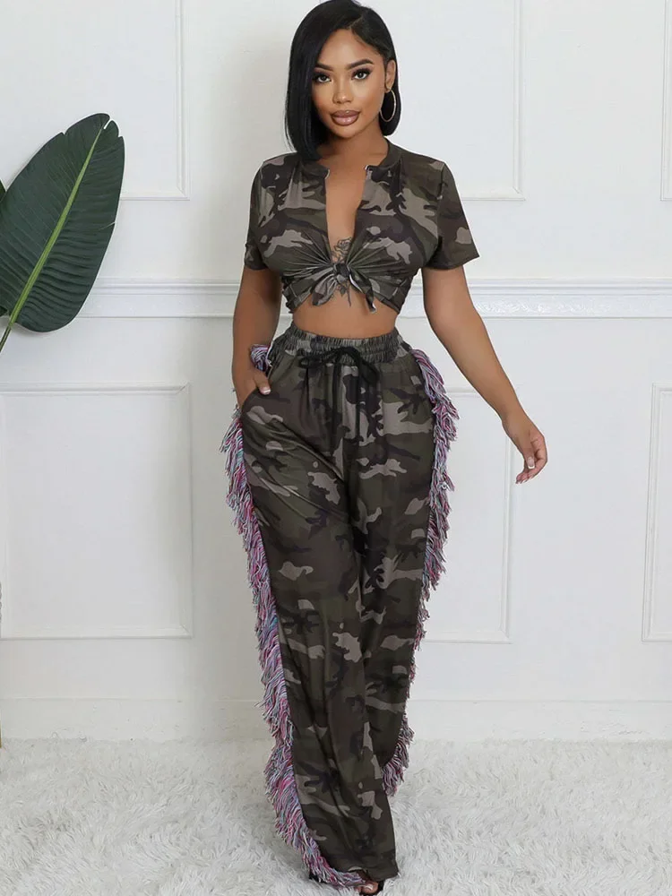 Camouflage Printed Two Piece S - Tassel Fringe Trim avis et prix
