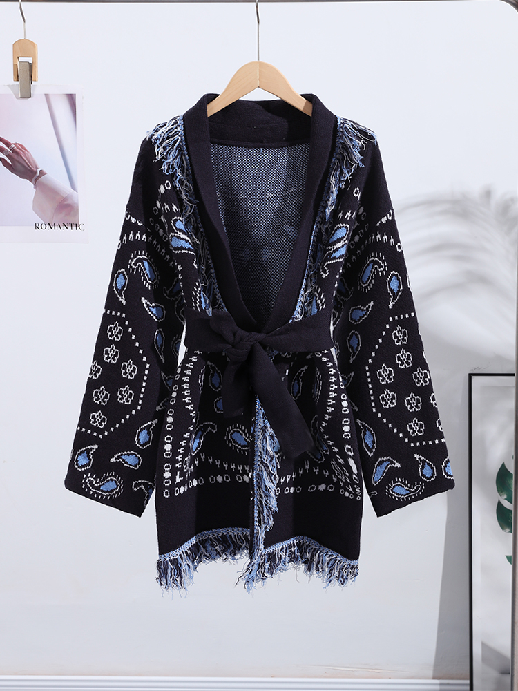 Elegant Print Tassel Cardigan  - Tassel Fringe Trim avis et prix